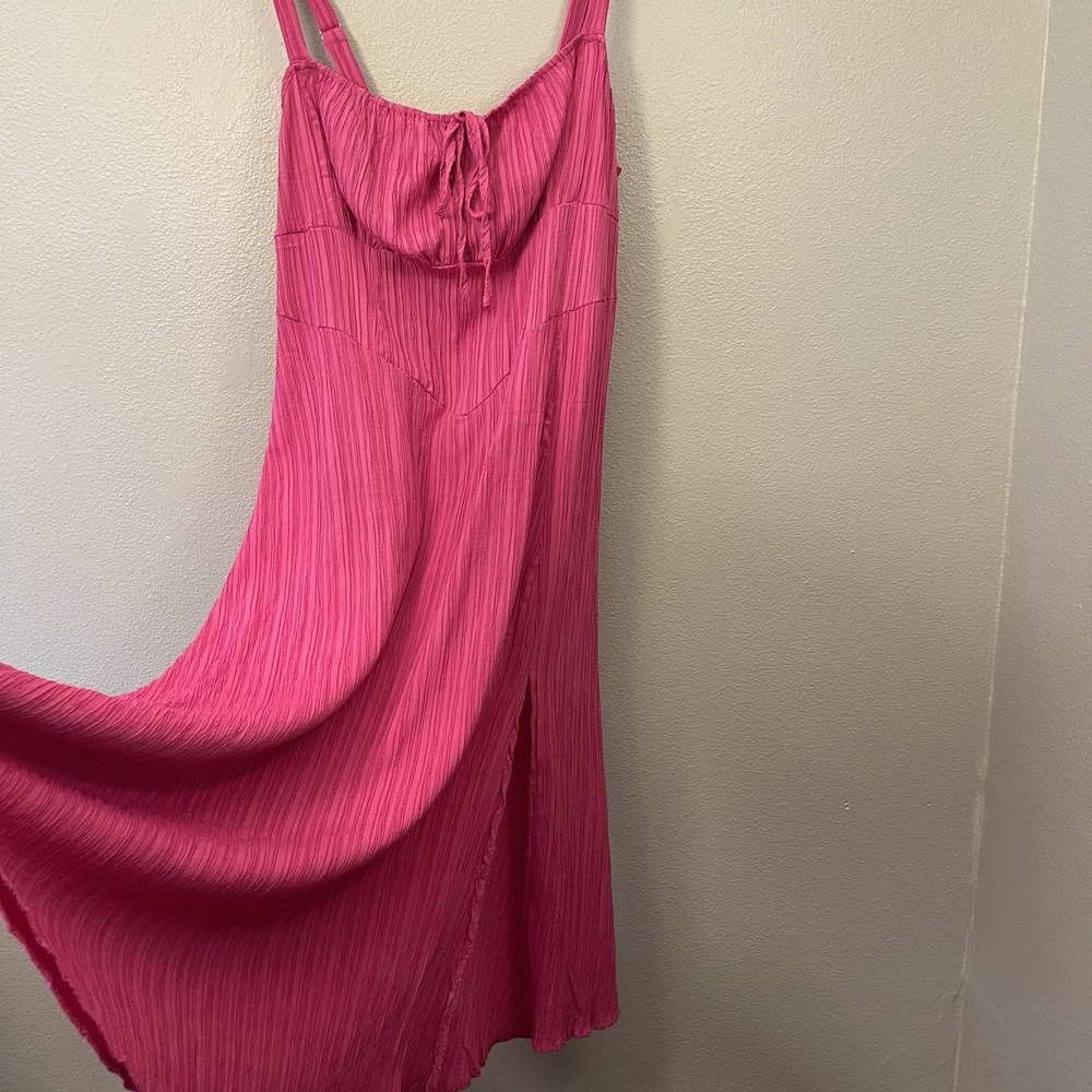 SHEIN Curve Pink Crinkle Maxi Dress Stretch Milkmaid Corset Tie Back Pink Sz 2X